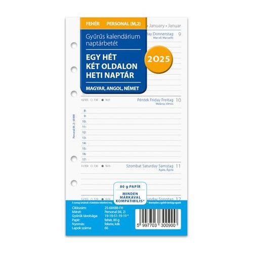 Kalendárium betét, tervező, Filofaxhoz, personal méret, heti, 1 hét/2 oldal, 2025