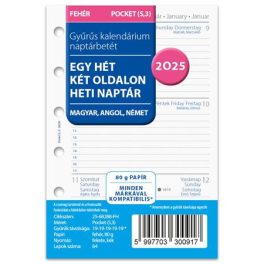   Kalendárium betét, tervező Filofaxhoz, A5, heti, 1 hét/2 oldal, 2025