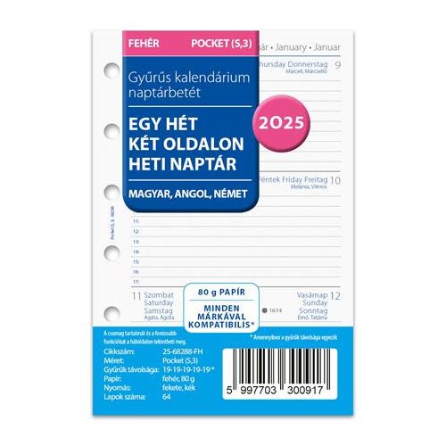 Kalendárium betét, tervező Filofaxhoz, A5, heti, 1 hét/2 oldal, 2025