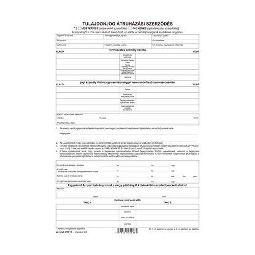 Nyomtatvány, tulajdonjog átruházási szerződés (adásvét.szer. gk), 4 példány,  A4,VICTORIA PAPER "A.REND 3"