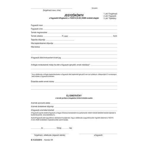 Nyomtatvány, jegyzőkönyv a fogyasztó minőségi kifogásáról, 25x3, A5, VICTORIA PAPER, "B.13-233", 20 tömb/csomag