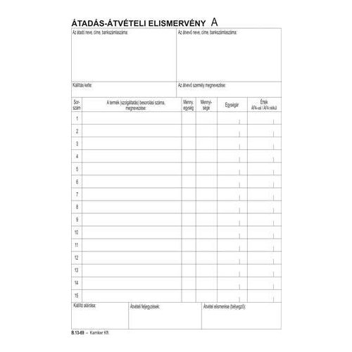 Nyomtatvány, átadás-átvételi elismervény, 25x3, A5, VICTORIA PAPER "B.13-69", 10 tömb/csomag