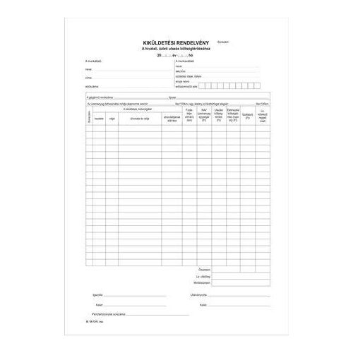 Nyomtatvány, kiküldetési rendelvény (belföldi), 25x2, A4, VICTORIA PAPER "B.18-73", 10 tömb/csomag