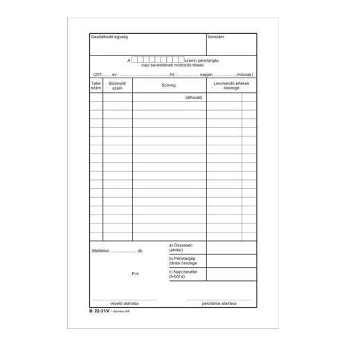 Nyomtatvány, pénztárgép napi bevételének módosító tételei, 25x2, A5, VICTORIA PAPER "B.22-31", 10 tömb/csomag