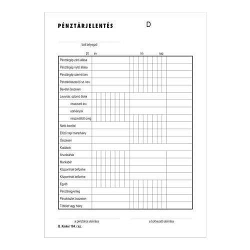 Nyomtatvány, pénztárjelentés, 25x2, A5, VICTORIA PAPER "B.Kisker-104", 10 tömb/csomag