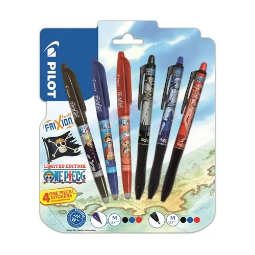 Rollertoll készlet, 0,35 mm, nyomógombos, PILOT "Frixion Ball"/"Frixion Ball Plus", 3különböző szín+One Piece matrica