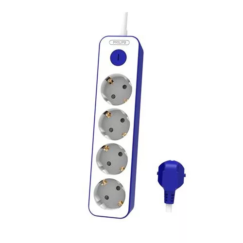 Elosztósor, 4 csatlakozóaljzat, 1,5 m kábel, PHILIPS, fehér-kék