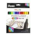 Tűfilc készlet, 0,4 mm, PENTEL "Pointliner", 12 különböző szín