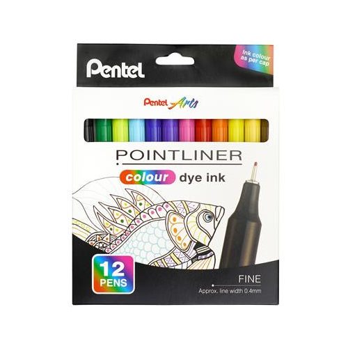 Tűfilc készlet, 0,4 mm, PENTEL "Pointliner", 12 különböző szín