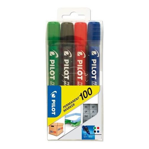 Alkoholos marker, 1 mm, kúpos, PILOT "Permanent Marker 100", 4 szín