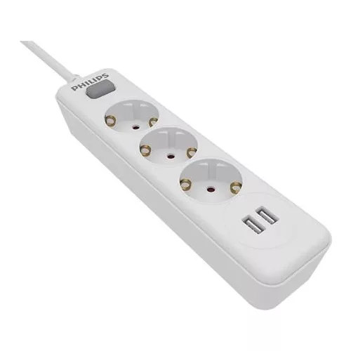 Elosztósor, 3 csatlakozóaljzat, 2xUSB-A, 2 m kábel, PHILIPS, fehér