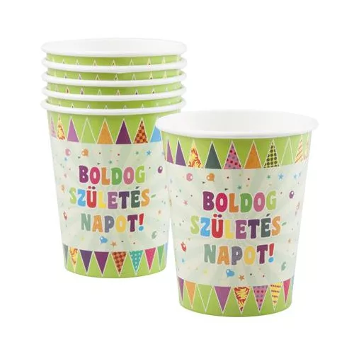 Pohár, papír, 2,5 dl, "Boldog születésnapot", zászlós