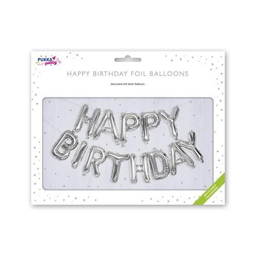 Léggömb, 40 cm, PUKKA PAD "Happy Birthday", ezüst