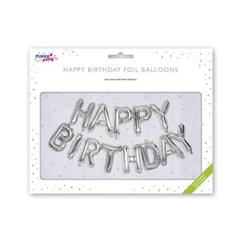 Léggömb, 40 cm, PUKKA PAD "Happy Birthday", ezüst