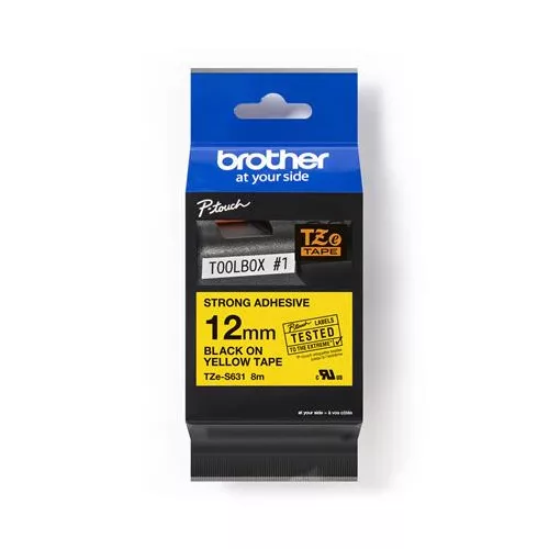 Feliratozógép szalag, 12 mm x 8 m, BROTHER, "TZe-631" sárga-fekete