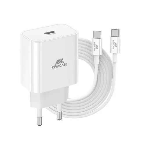 Hálózati töltő, 20W, USB-C, USB-C, USB-C/USB-C töltőkábel, RIVACASE "PS4101", fehér