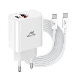   Hálózati töltő, 20W, USB-A és USB-C, USB-C, USB-C/USB-C töltőkábel, RIVACASE "PS4102", fehér