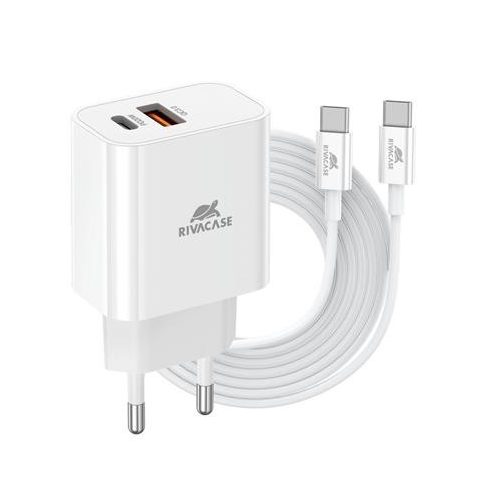 Hálózati töltő, 20W, USB-A és USB-C, USB-C, USB-C/USB-C töltőkábel, RIVACASE "PS4102", fehér