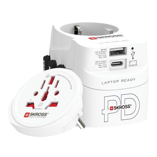 Adapter, világutazóknak, 1xUSB-A, 1xUSB-C PD, 45W, USB-C kábel, SKROSS
