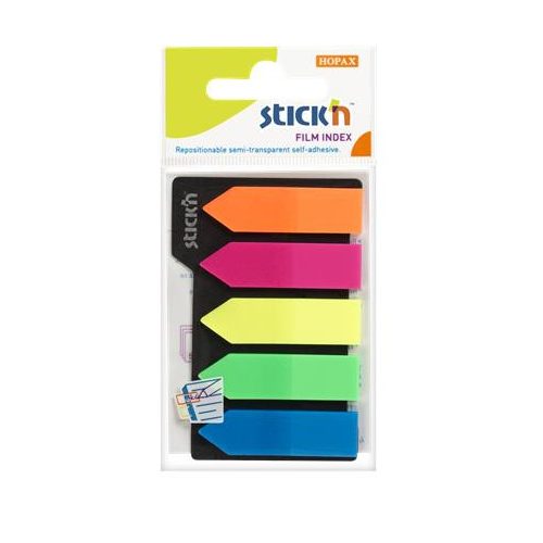Jelölőcímke, műanyag, nyíl, 5x25 lap, 42x12mm, STICK N, neon színek