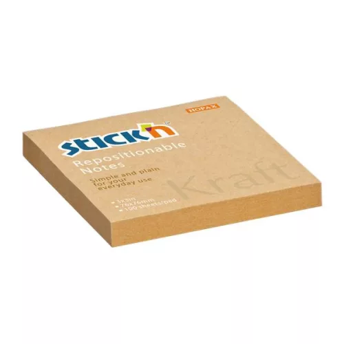 Öntapadó jegyzettömb, 76x76 mm, 100 lap, STICK N "Kraft Notes", barna