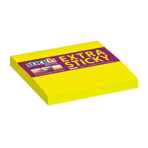 Öntapadó jegyzettömb, 76x76 mm, 90 lap, STICK N "Extra Sticky", neon sárga