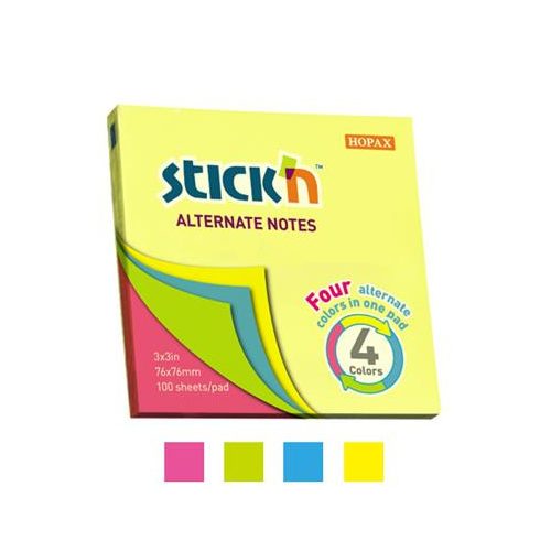 Öntapadó jegyzettömb, 76x76 mm, 100 lap, STICK N, neon színek