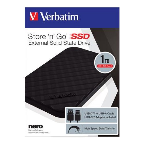 SSD (külső memória), 1TB, USB 3.2, VERBATIM "Storen Go", fekete