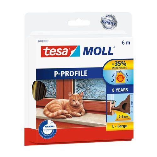 Ajtó- és ablaktömítő szalag, 9 mm x 6 m, TESA "tesamoll® P profil", barna