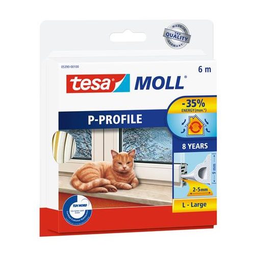 Ajtó- és ablaktömítő szalag, 9 mm x 6 m, TESA "tesamoll® P profil", fehér