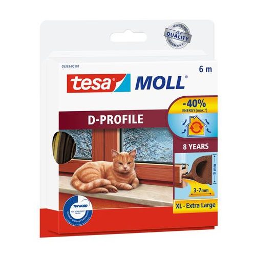 Ajtó- és ablaktömítő szalag, 9 mm x 6 m, TESA "tesamoll® D profil", barna