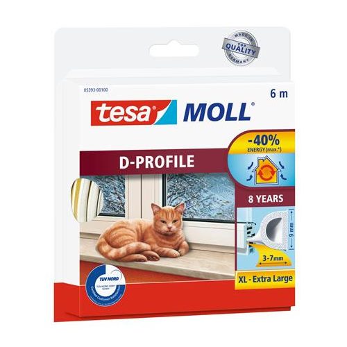 Ajtó- és ablaktömítő szalag, 9 mm x 6 m, TESA "tesamoll® D profil", fehér