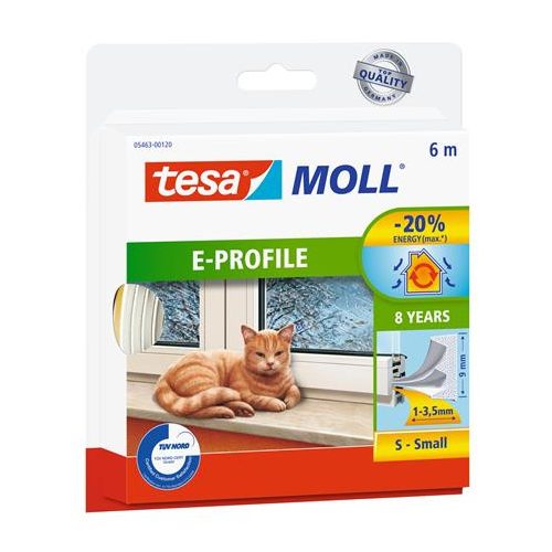 Ajtó- és ablaktömítő szalag, 9 mm x 6 m, TESA "tesamoll® E profil", fehér