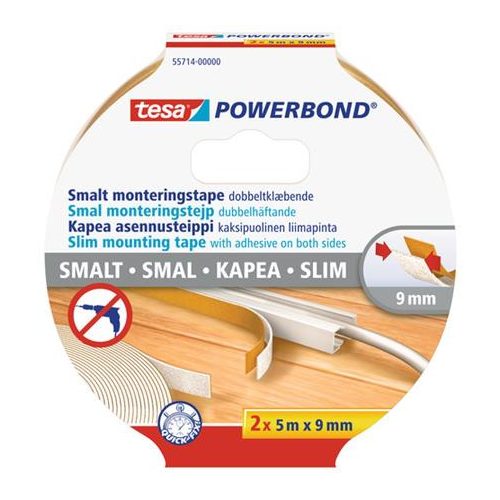 Szerelőszalag, keskeny, 2 x 9 mm x 5 m, TESA, "Powerbond"