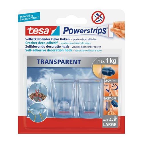 Műanyag akasztó ragasztócsíkkal, TESA "Powerstrips®", átlátszó