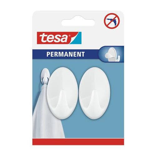 Műanyag akasztó, öntapadó, ovális, L méret, TESA, fehér