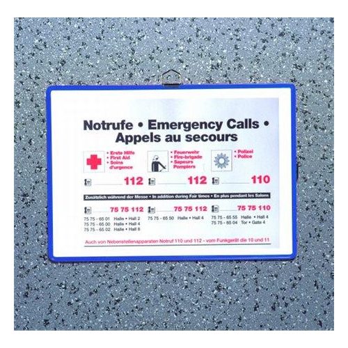 Bemutatótábla, függő, A4,  fekvő, fém fülecskével, DJOIS, kék