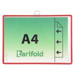 Bemutatótábla, függő, A4,  fekvő, fém fülecskével, DJOIS, piros