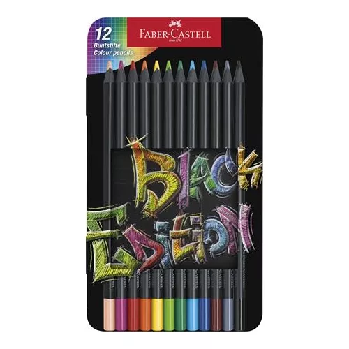 Színes ceruza készlet, háromszögletű, fémdobozban, FABER-CASTELL "Black Edition",  12 különböző szín