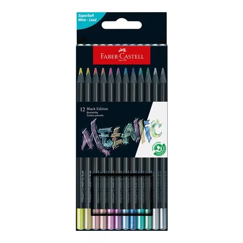 Színes ceruza készlet, háromszögletű, FABER-CASTELL "Black Edition",  12 különböző metál szín