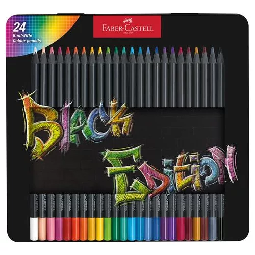 Színes ceruza készlet, háromszögletű, fémdobozban, FABER-CASTELL "Black Edition",  24 különböző szín