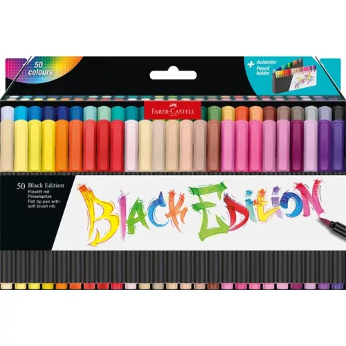 Ecsetirón készlet, tartóval, FABER-CASTELL "Black Edition", 50 különböző szín
