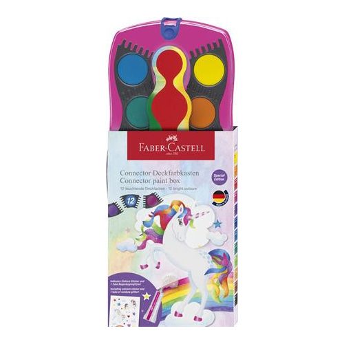 Vízfesték, 12 darabos, összeilleszthető, csillámmal és matricával, FABER-CASTELL, unikornis