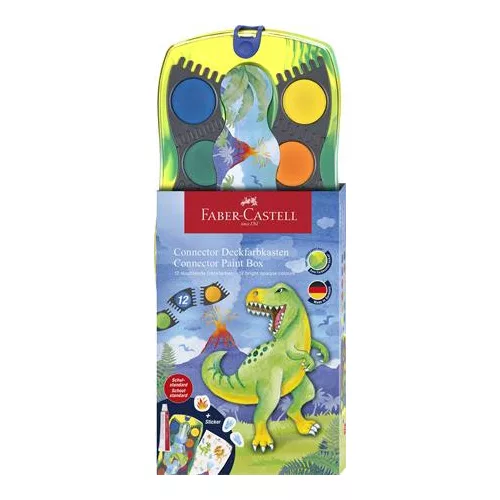 Vízfesték, 12 darabos, összeilleszthető, FABER-CASTELL "Dinoszaurusz"+1 tubus fehér tempera + dinoszaurusz matrica