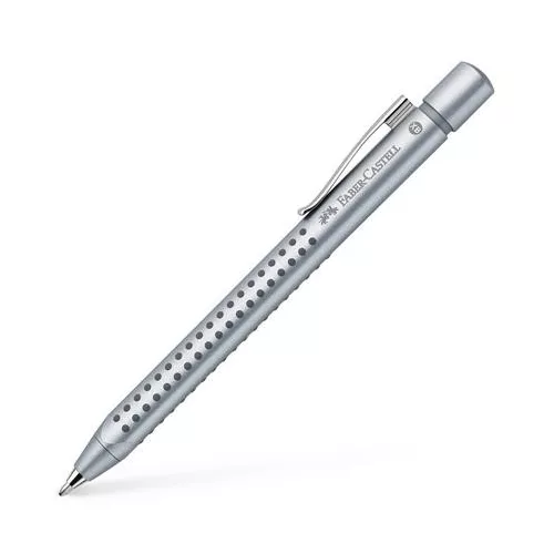 Golyóstoll, 0,35 mm, nyomógombos, ezüst színű tolltest, FABER-CASTELL "Grip 2011", kék