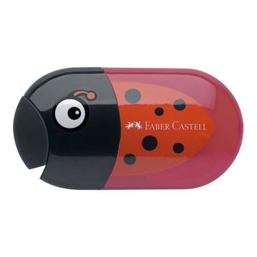 Hegyező és radír, kétlyukú, tartályos, FABER-CASTELL, katicabogár minta