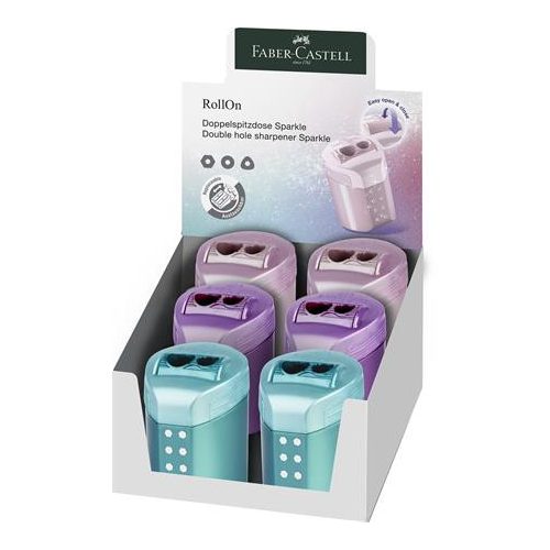 Hegyező, kétlyukú, tartályos, display, FABER-CASTELL "RollOn Sparkle", metál színek