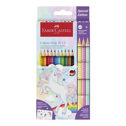 Színes ceruza készlet, háromszögletű, FABER-CASTELL "Grip", 13 különböző szín, unikornis