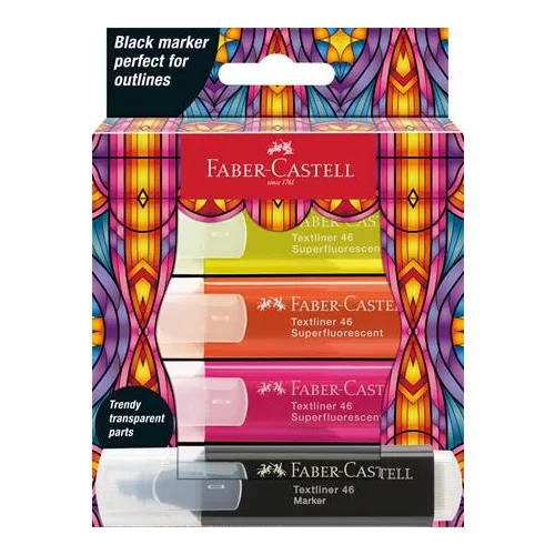 Szövegkiemelő készlet, FABER-CASTELL "Glassy", 3 különböző neon szín + fekete