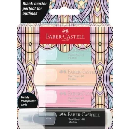   Szövegkiemelő készlet, FABER-CASTELL "Glassy", 3 különböző pasztell szín + fekete